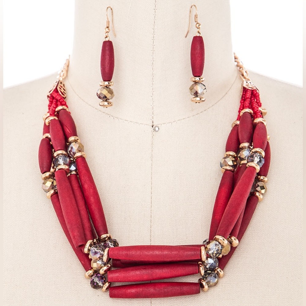 Red & Gold Wooden Bead Layered Statement Necklace